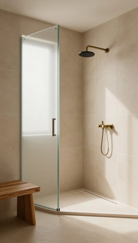 Large format beige porcelain slabs in a shower with warm brass fixtures and teak bench