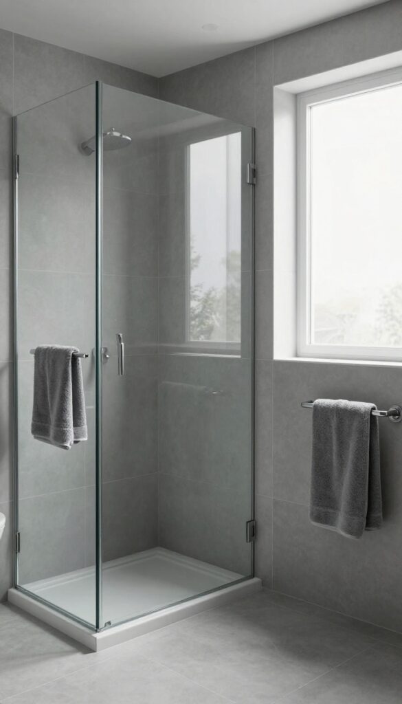 A corner glass shower in a modern bathroom with a monochromatic gray color scheme, showcasing matte tiles, glossy glass, and plush towels under bright natural light for a clean and expansive look.