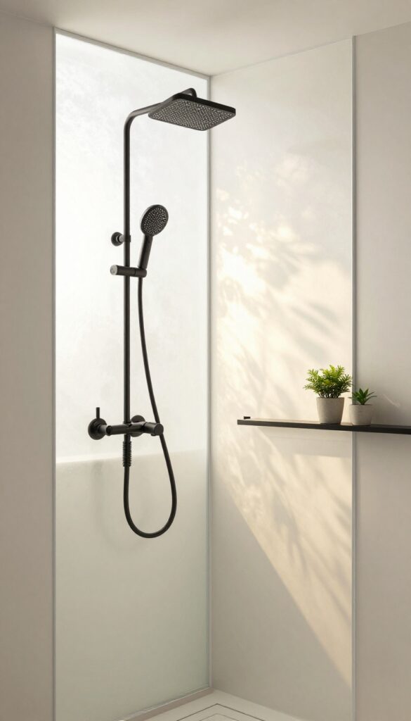 A corner shower with patterned glass panels in a modern bathroom, featuring soft light diffusion and privacy with matte black hardware and plants.