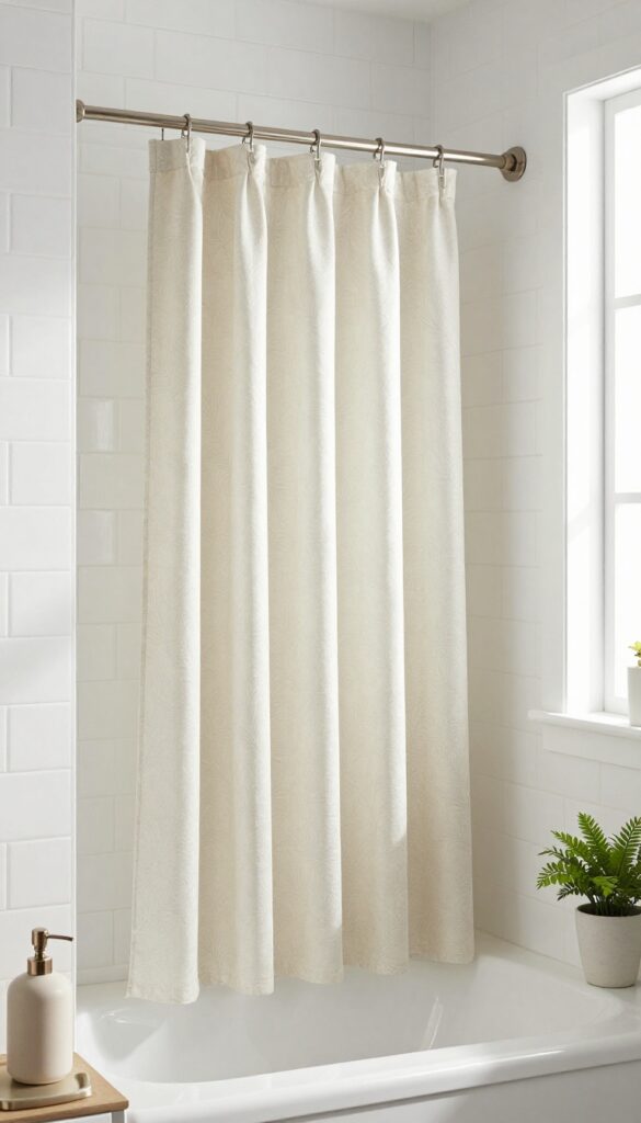 Bathroom with coordinated fabric shower curtain and weighted liner set in neutral tones, natural light, clean design