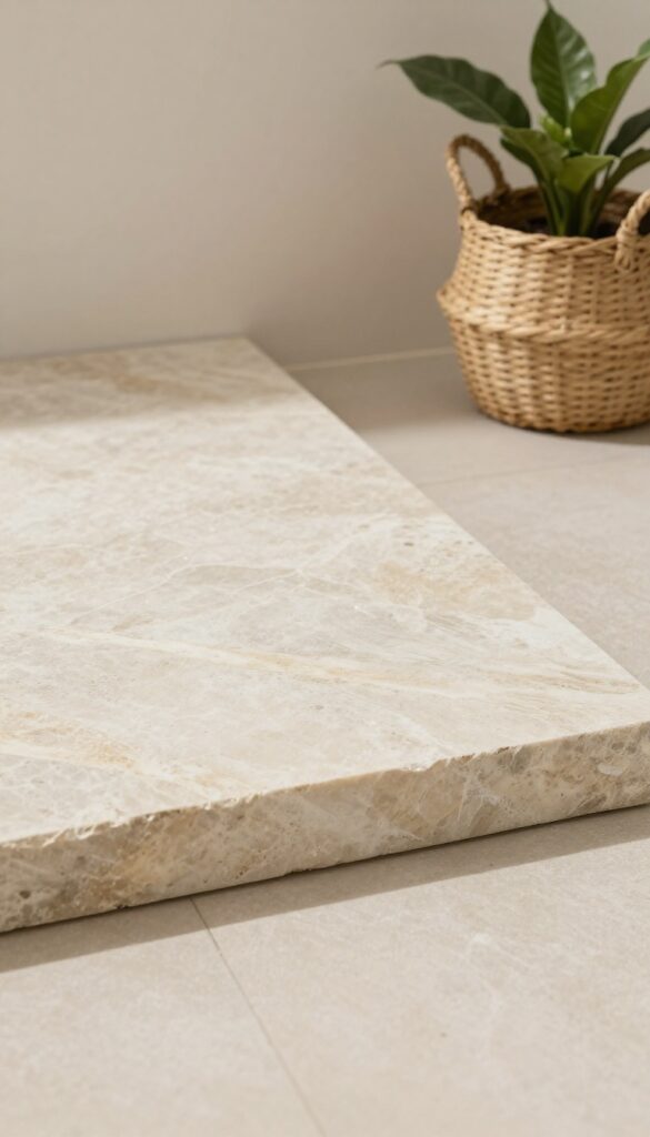 A rustic bathroom shower threshold featuring natural stone slabs for a clean and well-defined look
