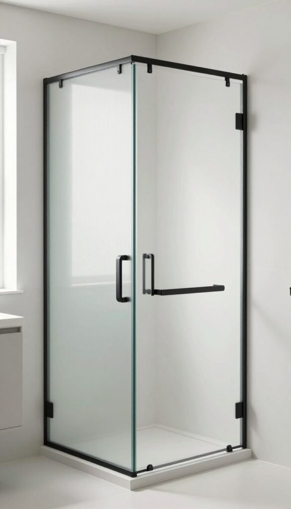 A small bathroom with sliding shower doors in frosted glass and matte black hardware, demonstrating space-saving design with natural lighting and clean decor.