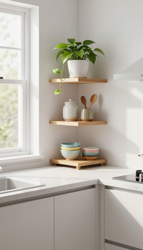 Cozy kitchen corner with a narrow floating shelf displaying a trailing plant, ceramic jar with wooden spoons, and colorful bowls, bathed in natural light.