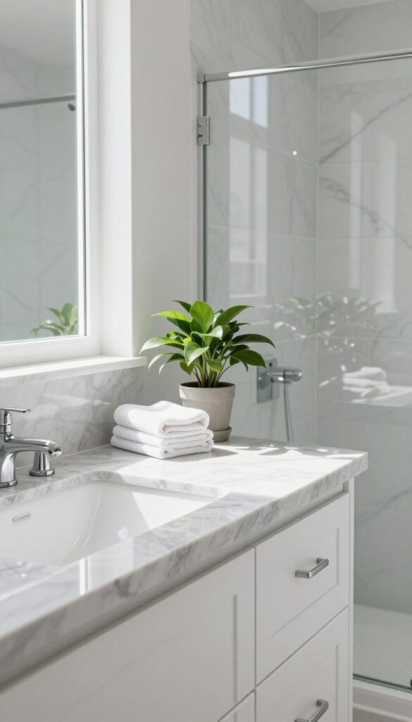 A bright bathroom with light gray marble-inspired surfaces on countertops and shower walls, featuring white cabinets and minimal decor to highlight the elegant stone effect.