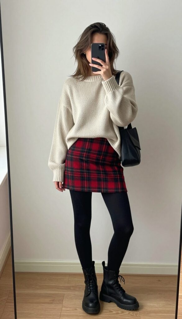 Mirror selfie of a woman in a plaid mini skirt, oversized cream knit sweater half-tucked, black tights, combat boots, and crossbody bag, with messy hair and phone covering face.