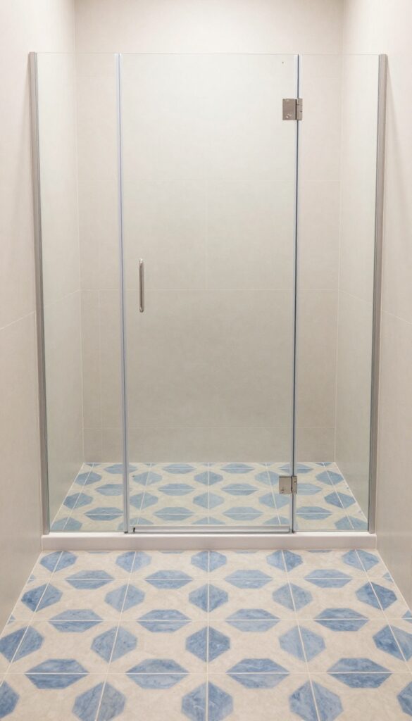 A small bathroom shower enclosure with patterned geometric tiles on the floor in light colors, featuring a minimalistic glass door and neutral walls to create a clean, dynamic look without overwhelming the space.