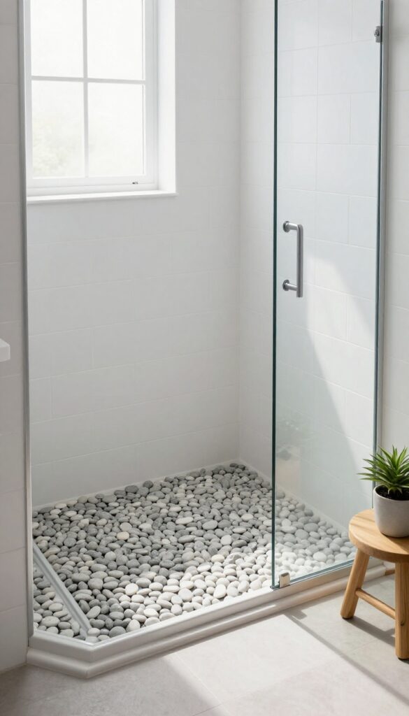 Neo angle shower with pebble floor mat, natural light, white tiles