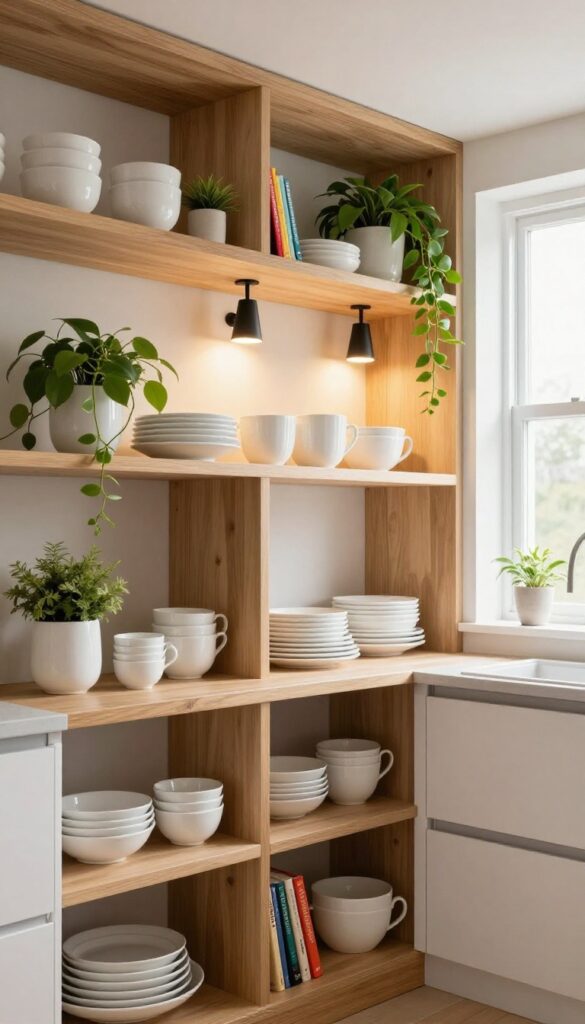 Kitchen with open shelving lit by wall sconces, showcasing dishes and plants.