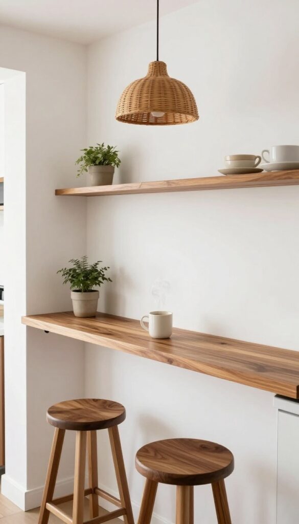 Floating shelf breakfast bar in a small kitchen with backless stools and woven pendant light