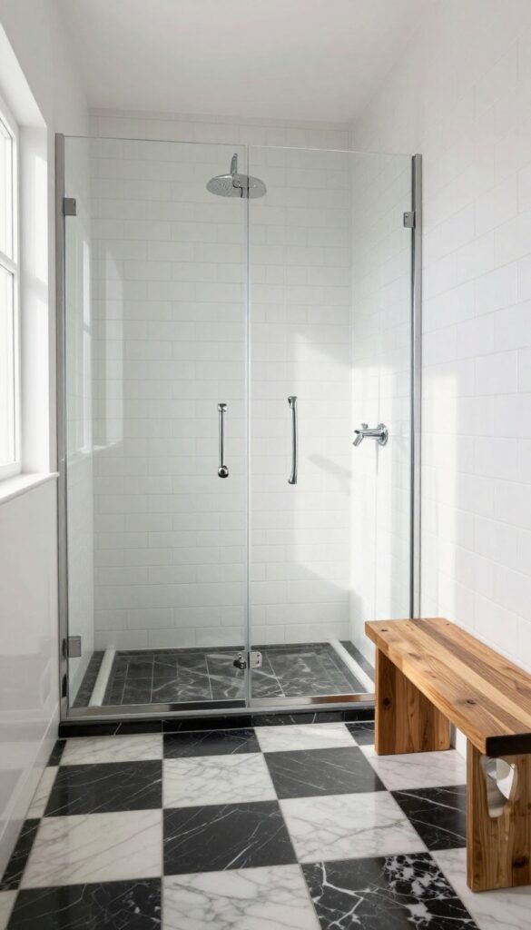 Modern shower with black and white checkerboard marble floor, white subway tiles, glass enclosure, chrome fixtures, and teak bench.