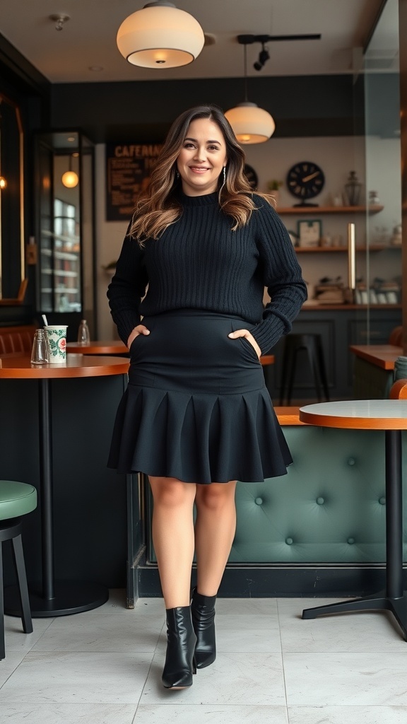 A woman wearing a classic black skirt and a black statement sweater, standing in a stylish café.