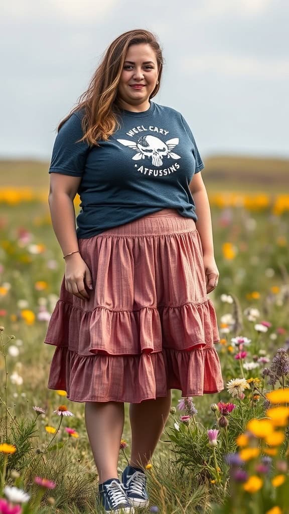 A plus-sized woman standing in a field of wildflowers, wearing a tiered skirt and a graphic tee.