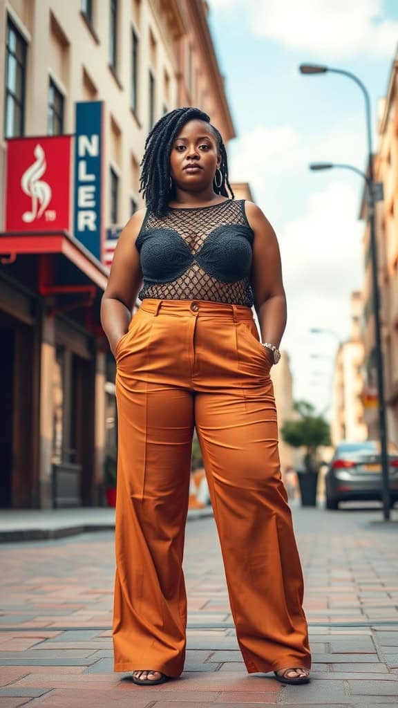 A fashionable individual wearing wide-leg trousers and a crochet top, standing in an urban setting.