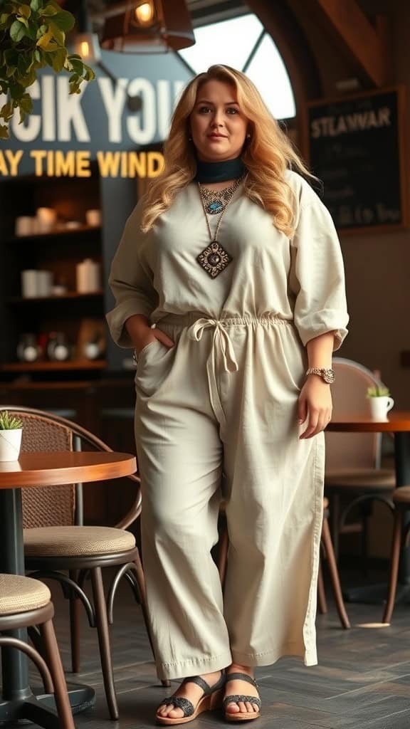 Plus-size woman in a light linen jumpsuit with statement jewelry, standing in a cafe setting.