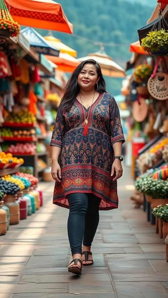 A woman in a colorful bohemian print tunic and leggings, walking through a vibrant market