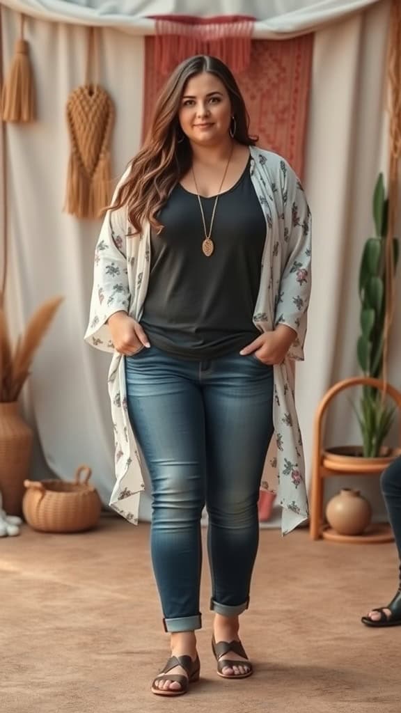 A plus-size woman in a floral kimono over a black tee and jeans, showcasing a relaxed boho style.