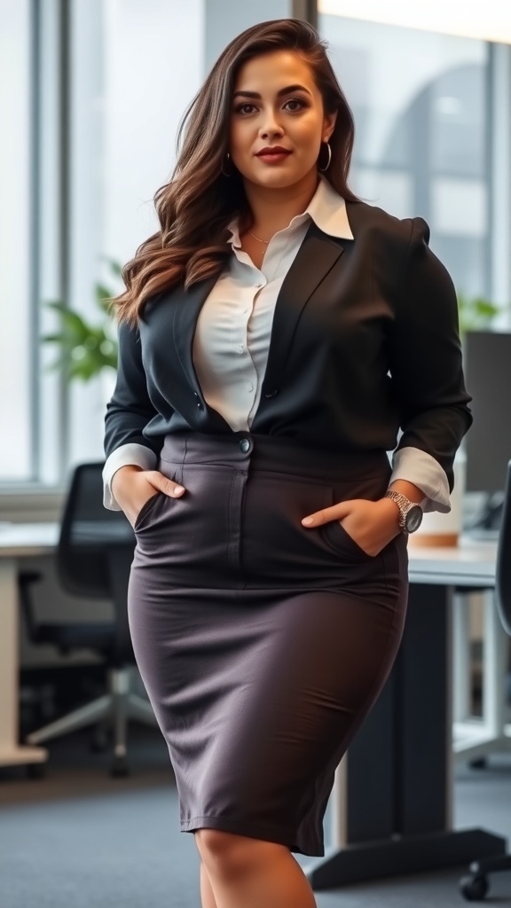 A woman wearing a chic pencil skirt and a button-up shirt in a modern office setting.