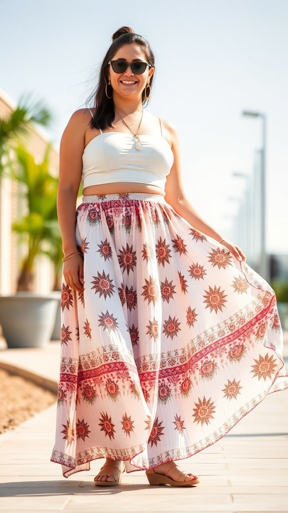 A person wearing a bohemian maxi skirt and a cropped top, standing outdoors in a sunny location.
