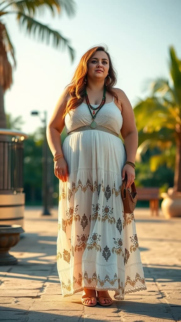 A plus-size woman wearing a flowy maxi dress with layered accessories in a sunny outdoor setting.