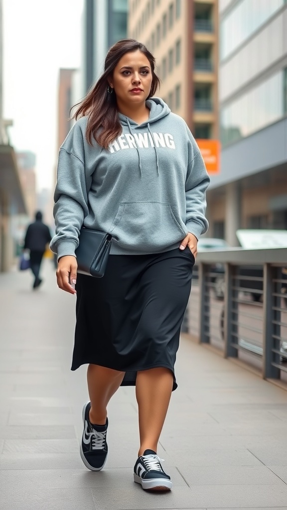 A woman walking in a sporty outfit with a grey hoodie and a black midi skirt in an urban setting.