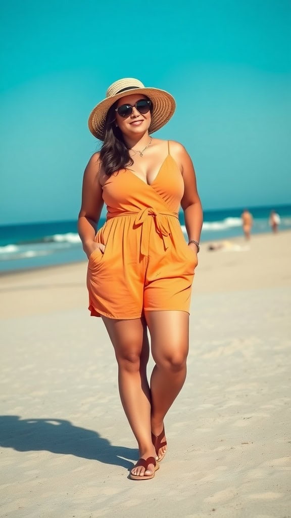 A plus-size woman wearing an orange casual romper with a belted waist, a straw hat, and sunglasses, walking on a sandy beach.