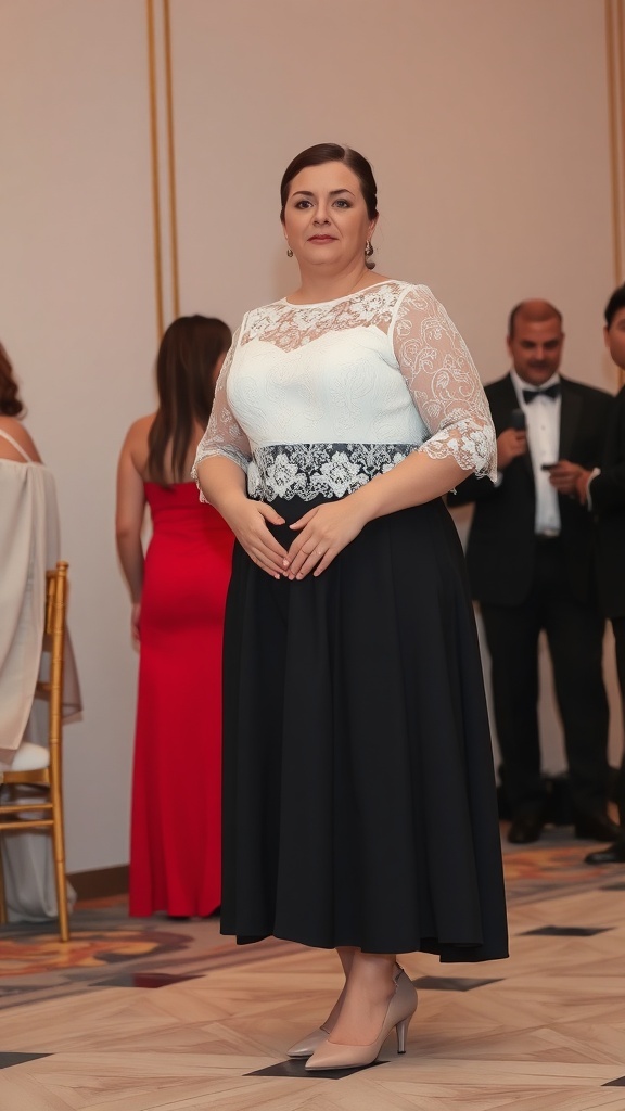 A woman in an elegant A-line skirt and a lace blouse, showcasing a stylish outfit suitable for formal occasions.