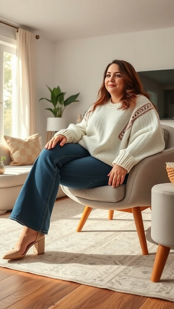 A woman sitting in a chair wearing an oversized sweater and flared jeans.
