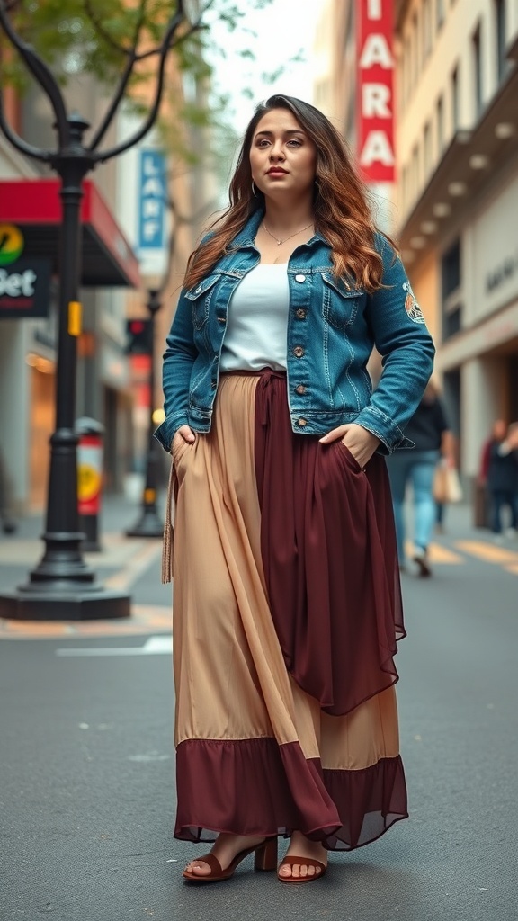 Woman wearing a layered maxi skirt with a denim jacket, showcasing a stylish and casual outfit in a city setting.