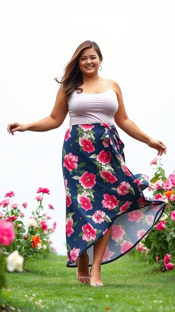 A woman in a floral wrap skirt and tank top walking through a field of flowers.