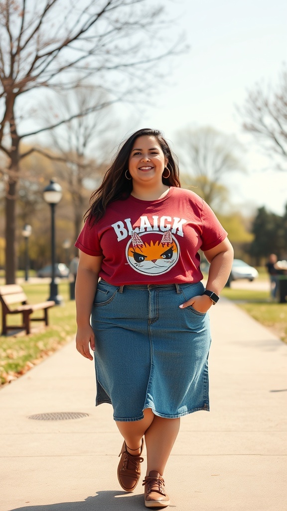 A woman wearing a graphic tee and a denim skirt, walking confidently in a park.