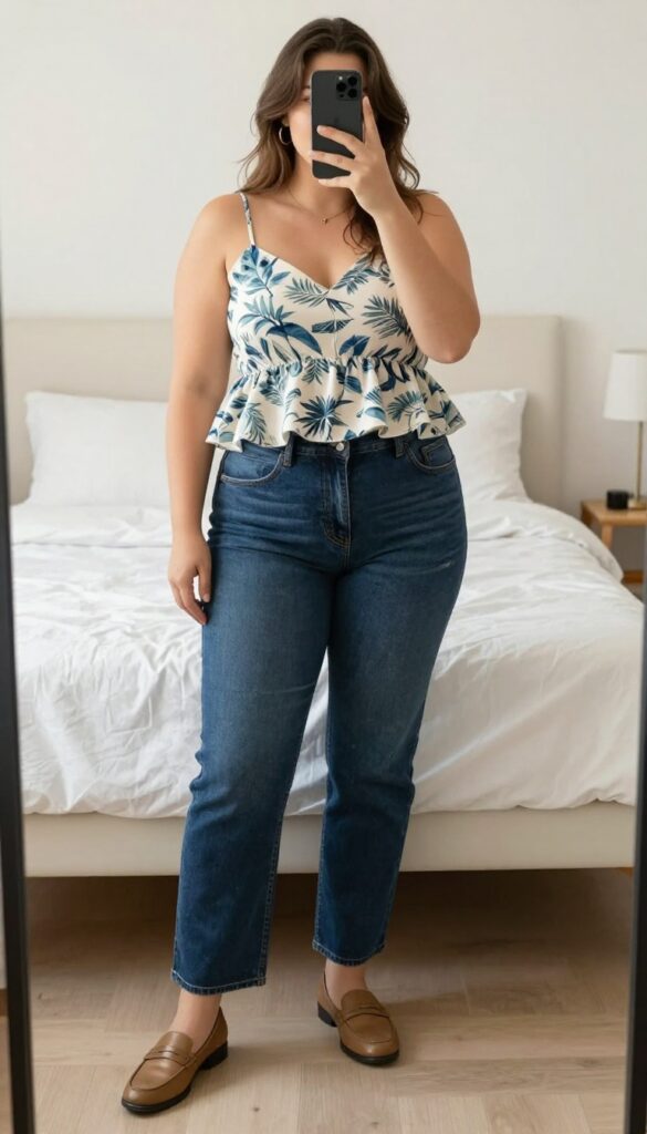 Curvy woman in printed peplum top tucked into dark straight-leg jeans and loafers, standing in a bright office hallway.