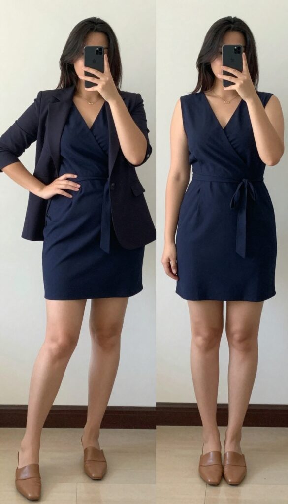 Petite woman in navy wrap dress, camel structured blazer, and leather mules, minimal gold jewelry, elegant business casual outfit