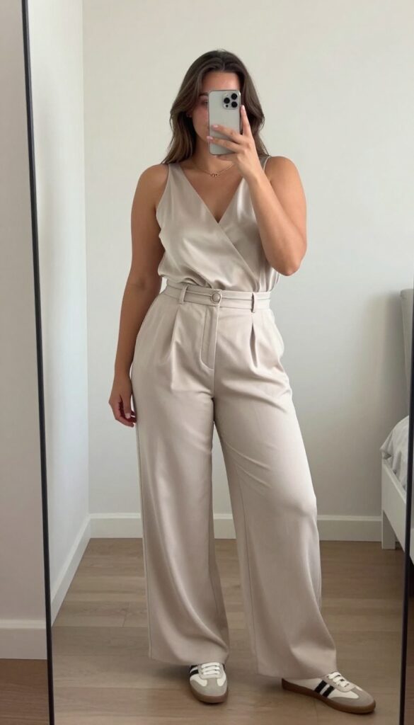 Model in silky wrap top tucked into high-waisted wide-leg pants with slip-on sneakers, minimal accessories, standing in a bright office or casual setting.