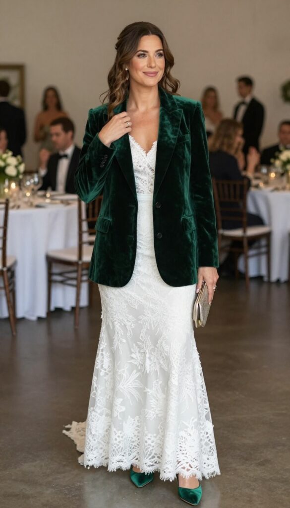 Woman in white lace mermaid wedding dress with emerald green velvet blazer, pointed flats, and metallic clutch at wedding reception