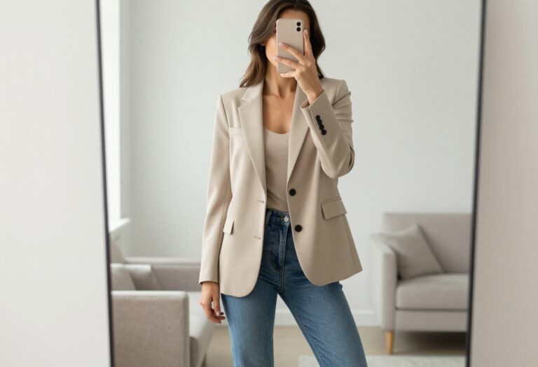 A woman in a tailored blazer and straight-leg jeans takes a mirror selfie, showcasing a chic yet comfortable mom outfit.