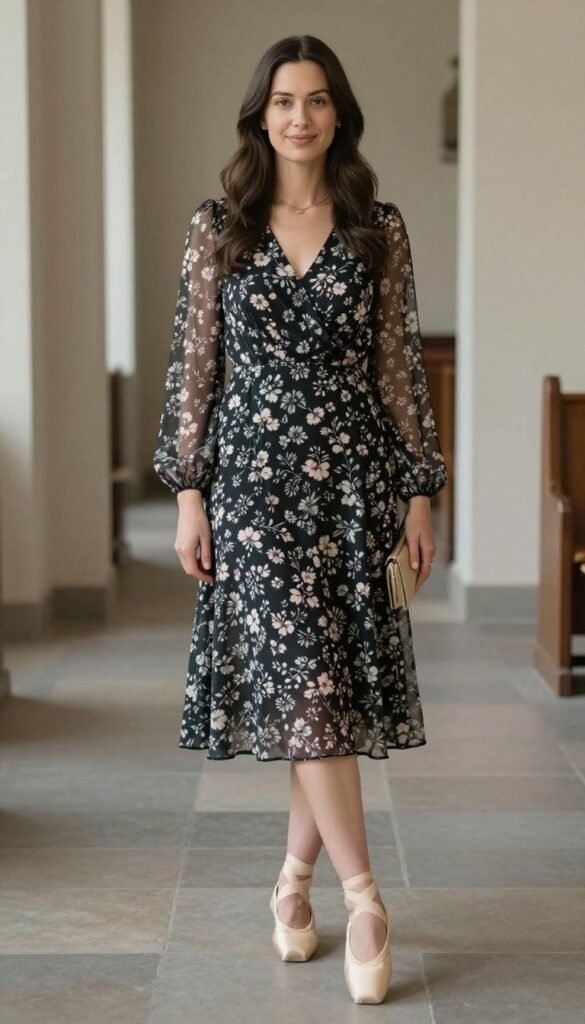 Woman in floral midi dress with sheer blouse overlay and pointed flats, standing in church foyer