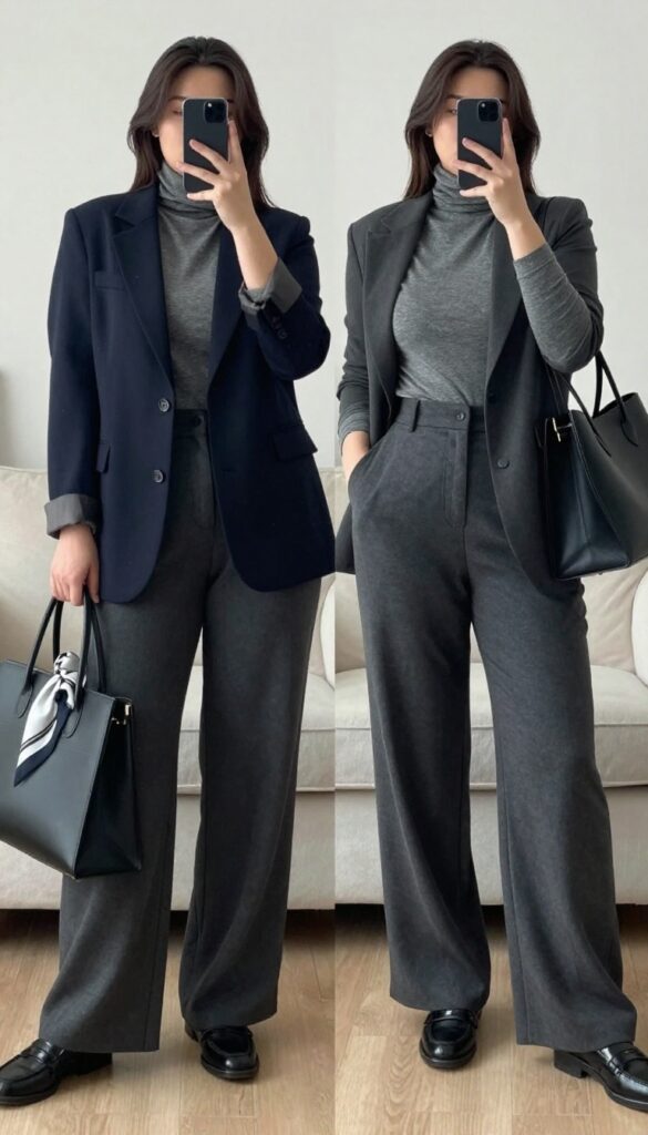 Wide-leg trousers with fitted turtleneck and blazer, monochrome neutral tones, loafers, structured tote, professional yet relaxed outfit.