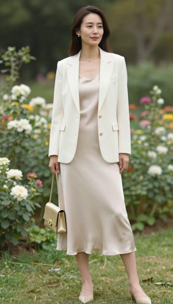 Woman in champagne slip dress and cream blazer in garden