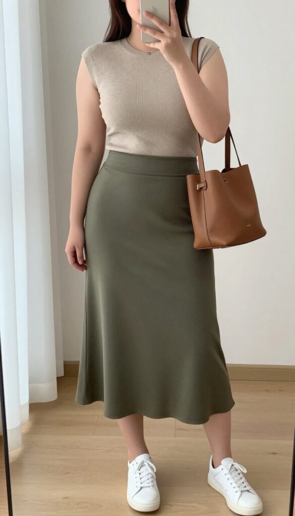 Woman in olive midi skirt and cream knit top with white sneakers, holding a crossbody bag, standing in a bright office hallway.
