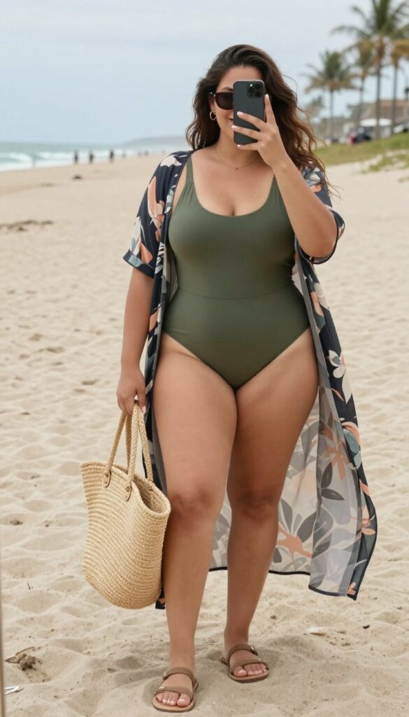 Plus-size woman in a one-piece swimsuit and flowy cover-up at the beach, holding a straw bag and sunglasses, taking a mirror selfie.