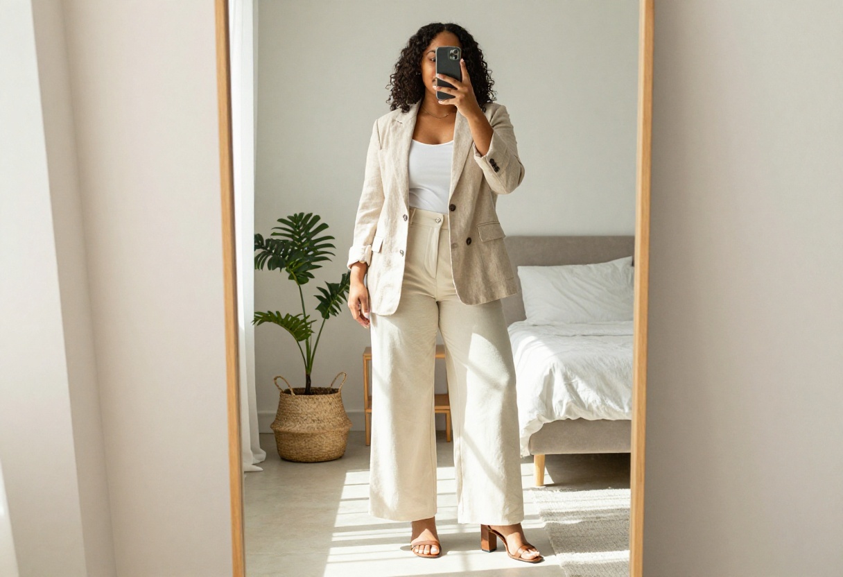 Curvy woman in beige linen blazer and wide-leg trousers taking a mirror selfie in a bright bedroom