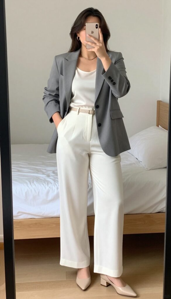 A woman in a gray blazer, silk shell, and white wide-leg trousers, standing confidently in a bright office setting.