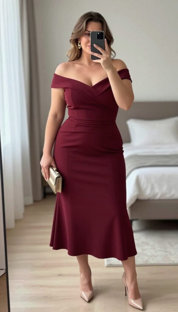 Plus-size woman in fitted off-shoulder burgundy dress with structured bodice, nude stilettos, and gold earrings, taking a mirror selfie in a bright, modern bedroom.