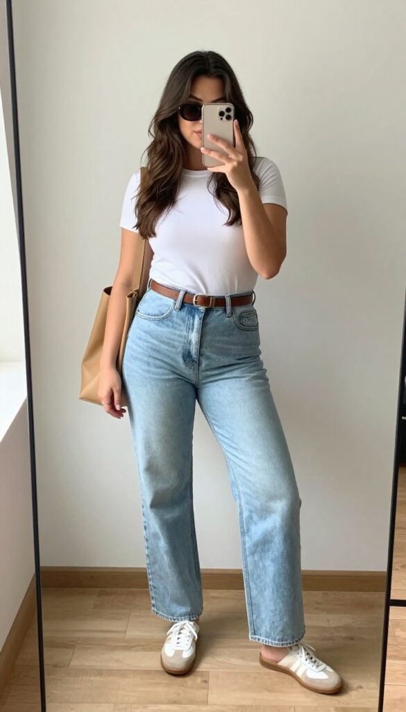 Woman in white tee and light wash wide leg jeans posing in mirror selfie, casual summer outfit