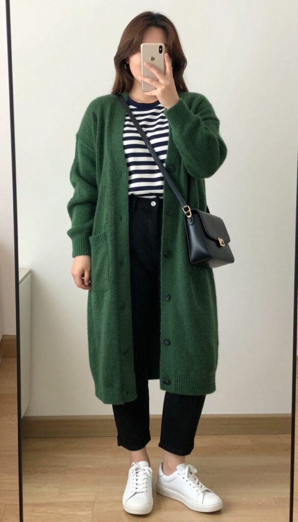 A woman in a hunter green cardigan, striped Breton top, and black cropped pants with white sneakers and crossbody bag, standing in a bright office or coffee shop.
