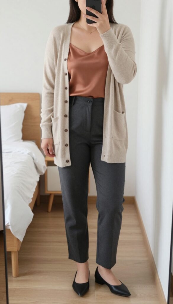 A woman in a longline cardigan over a cami with straight-leg pants and pointed flats, standing in a bright office or cafe setting.