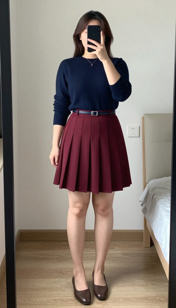 Navy knit sweater tucked into pleated midi skirt with burgundy soft board, ankle boots, minimal accessories.