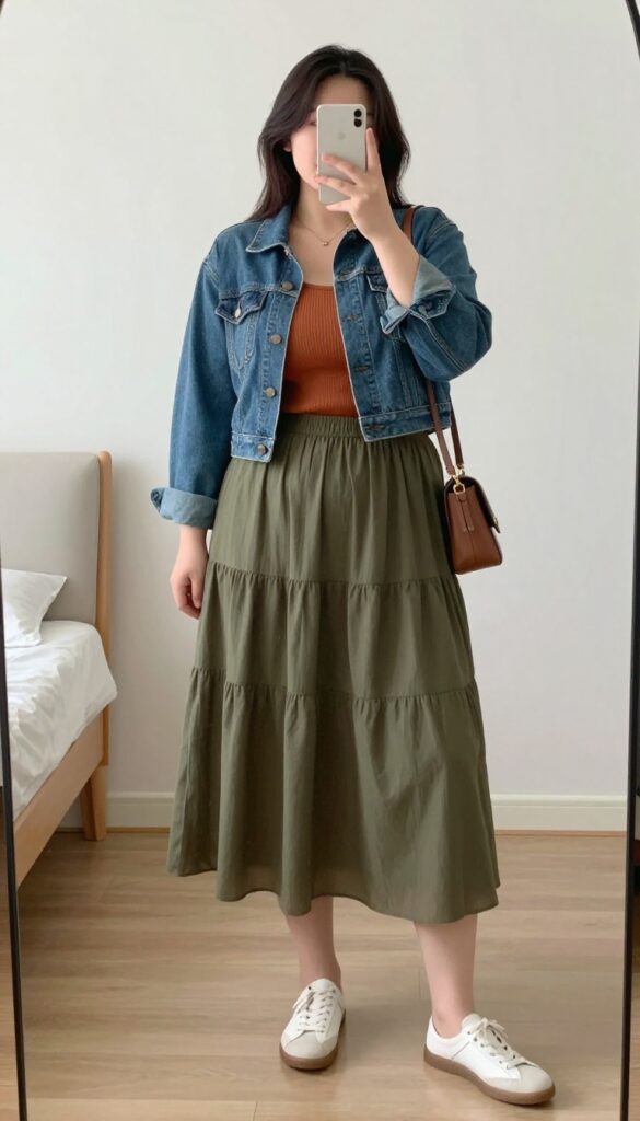 Plus-size woman in tiered midi skirt, fitted tank, and cropped denim jacket, posing in mirror selfie.
