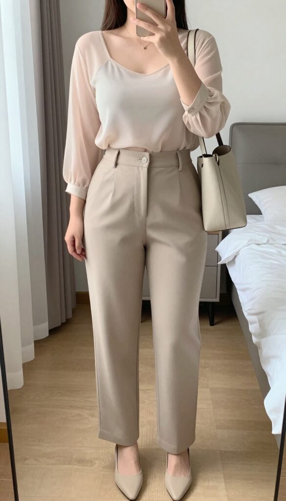 Woman in sheer blouse and straight-leg trousers, standing confidently in a bright office setting.