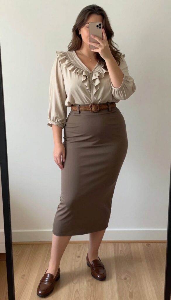 Woman in vintage blouse and midi pencil skirt with loafers, standing in a coffee shop, holding a latte.